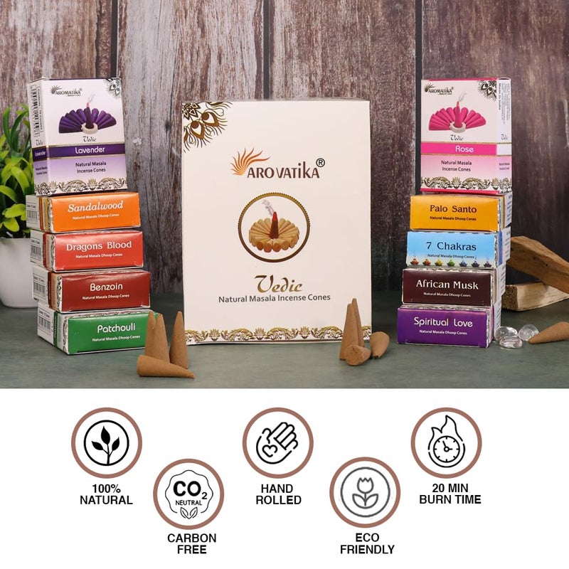 ARO VATIKA Vedic Natural Masala 120 Incense Cones in Pack of 12 Boxes |12 Assorted Fragrances Dhoop Cones | Best for Prayer, Reiki, Meditation and Relaxation | Burn time- 25 Mins (Assorted) - Image 5